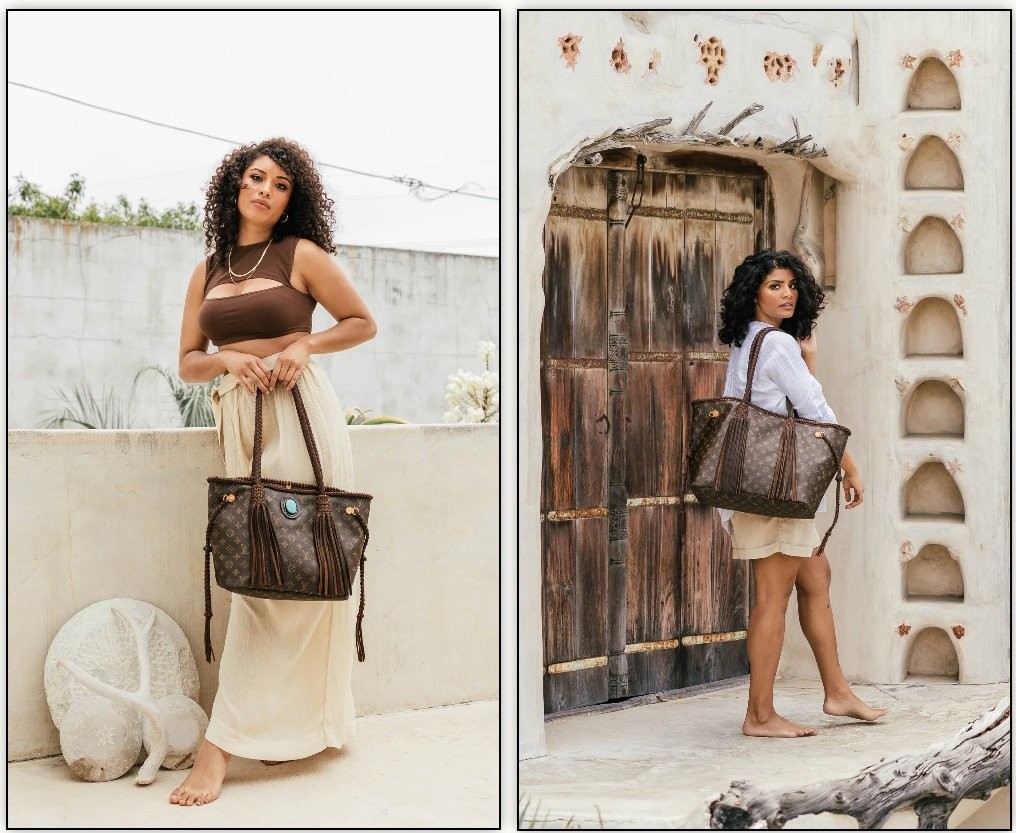 High-end luxury outfit paired with the handcrafted Voyager leather tote